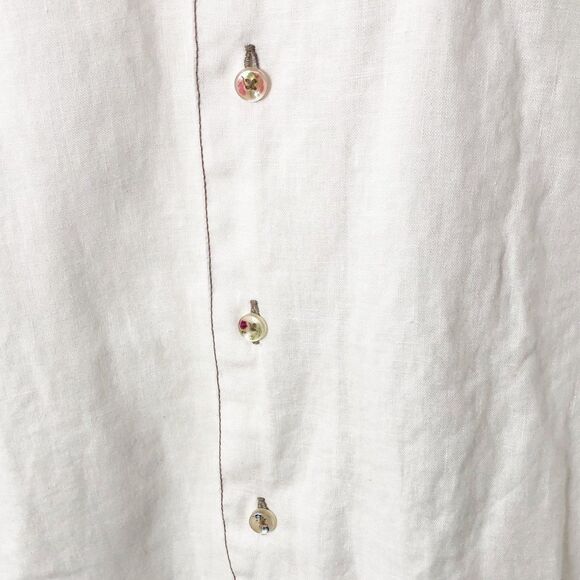 Bugatchi Uomo Shirt Men Large Button Up Linen Short Sleeve White Stitched Detail - Picture 6 of 12